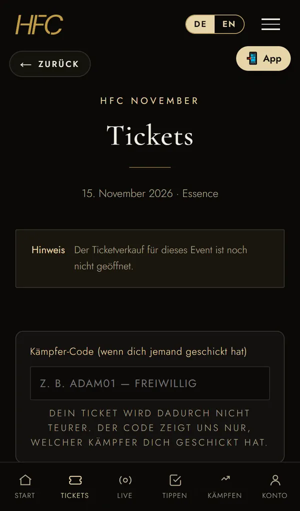 Ticketshop der HFC-App auf dem Handy