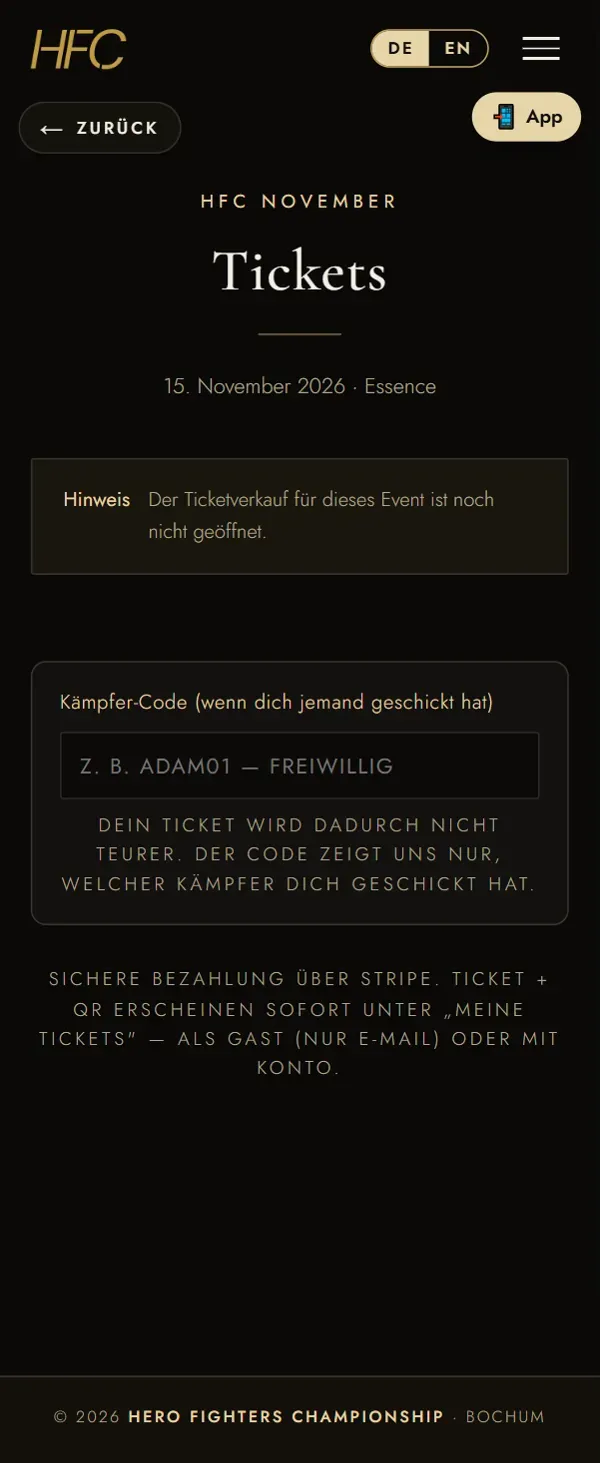 Ticketseite der HFC-App