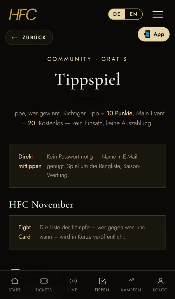 HFC-App am Handy: Tippspiel